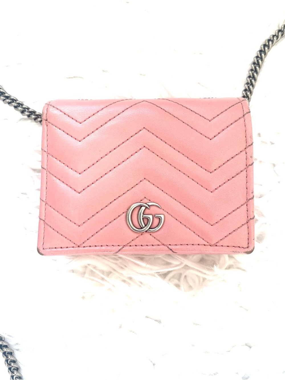 Authentic Gucci CG Marmont Pink Leather Crossbody Wallet on Chain
